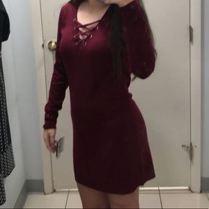 Lace up front Long sleeve red sweater dress XS
